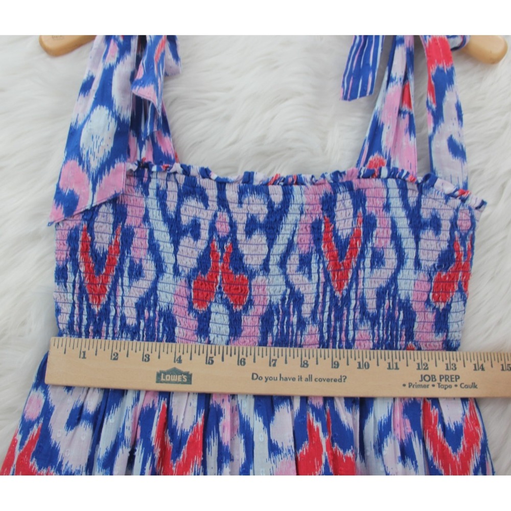 Crown & Ivy Maxi Dress PM Blue Ikat Print Cotton Swiss Dot Smocked Tie NWT #664 - Picture 4 of 14